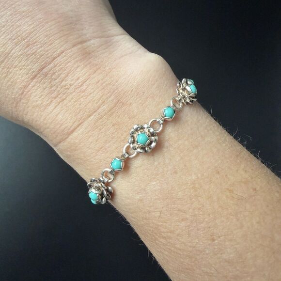 VINTAGE 50s TAXCO MEXICO STERLING SILVER TURQUOISE BLOSSOM FLOWER BRACELET 6.5” - Picture 7 of 16